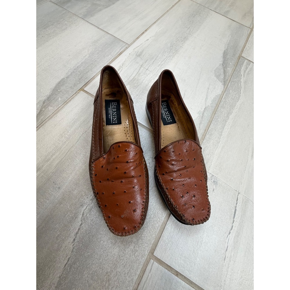 Vintage Bernini‎ Beverly Hills Brown Ostrich Leather Loafers Handmade Italy 40